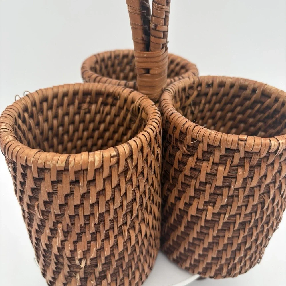 Vintage Rattan Three Bottle Wine Holder Utensil Caddy‎